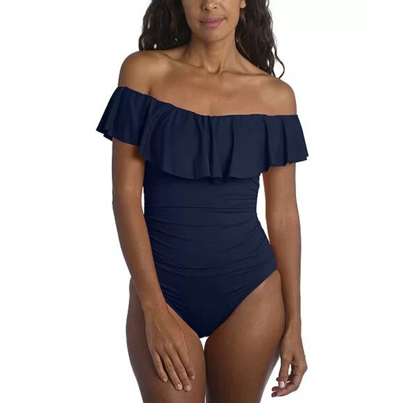 La Blanca Off-The-Shoulder Tummy-Control One-Piece Swimsuit, Indigo, Size 4 0461 - Picture 1 of 4